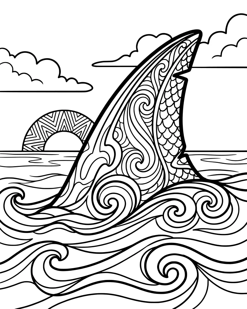 A detailed zentangle illustration of a shark fin rising from patterned ocean waves with a large geometric sun and clouds in the background.