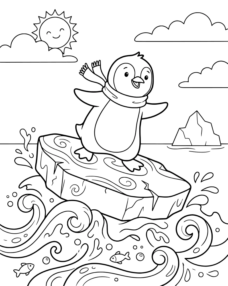A cartoon penguin wearing a scarf stands on an ice floe in the ocean under a bright sun with an iceberg in the background.