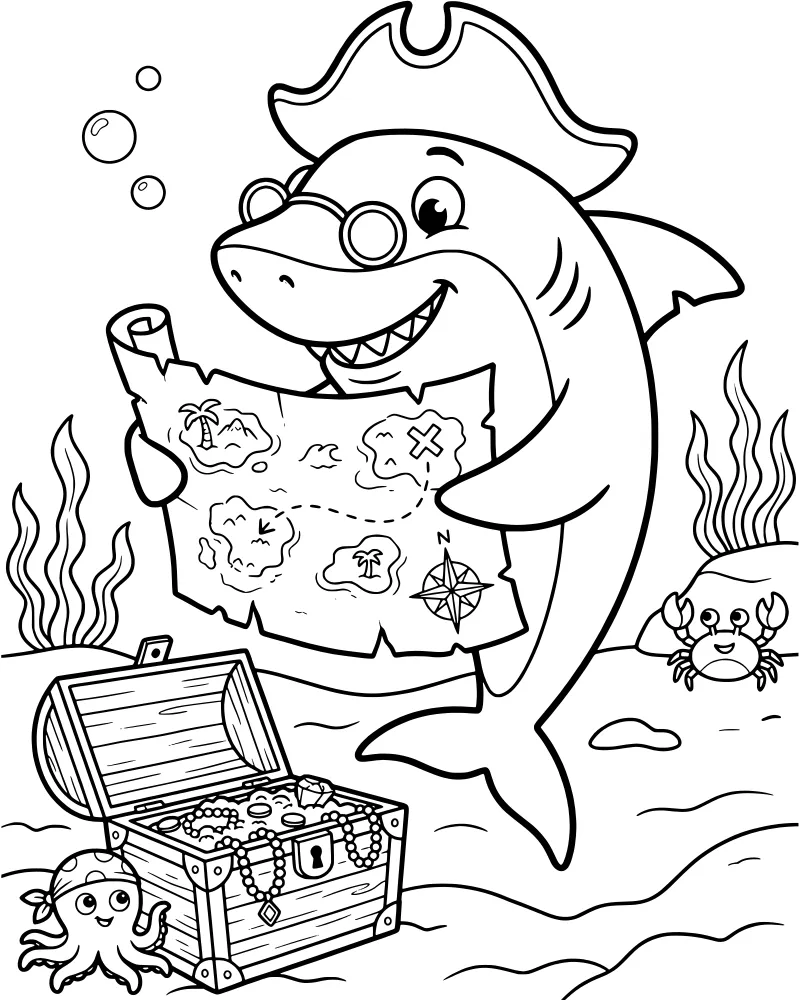 A cartoon shark wearing a pirate hat and glasses looks at a treasure map next to an open treasure chest on the ocean floor.
