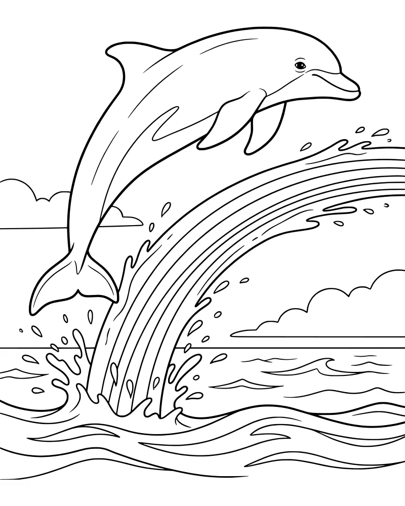 A cartoon dolphin leaping out of the ocean with a large water splash and clouds in the background.
