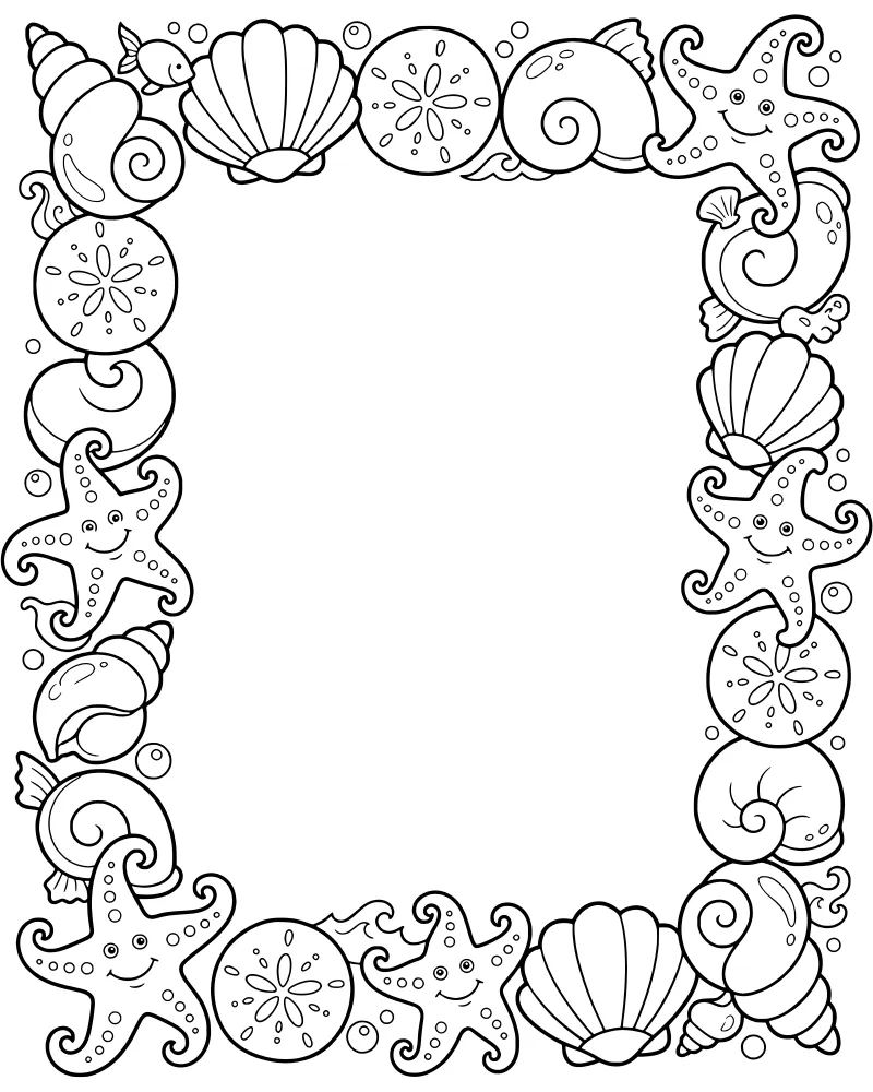 Cartoon-style border of smiling starfish, spiral seashells, sand dollars, and small fish with bubbles and waves.