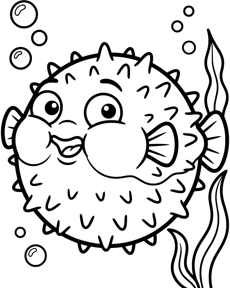 A cute cartoon pufferfish with big eyes and spikes swimming near seaweed and bubbles.
