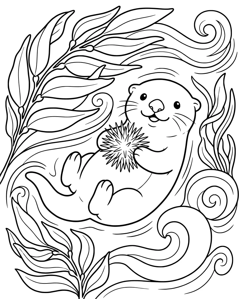 A cartoon sea otter floats on its back in the ocean holding a sea urchin, surrounded by kelp and swirling water waves.