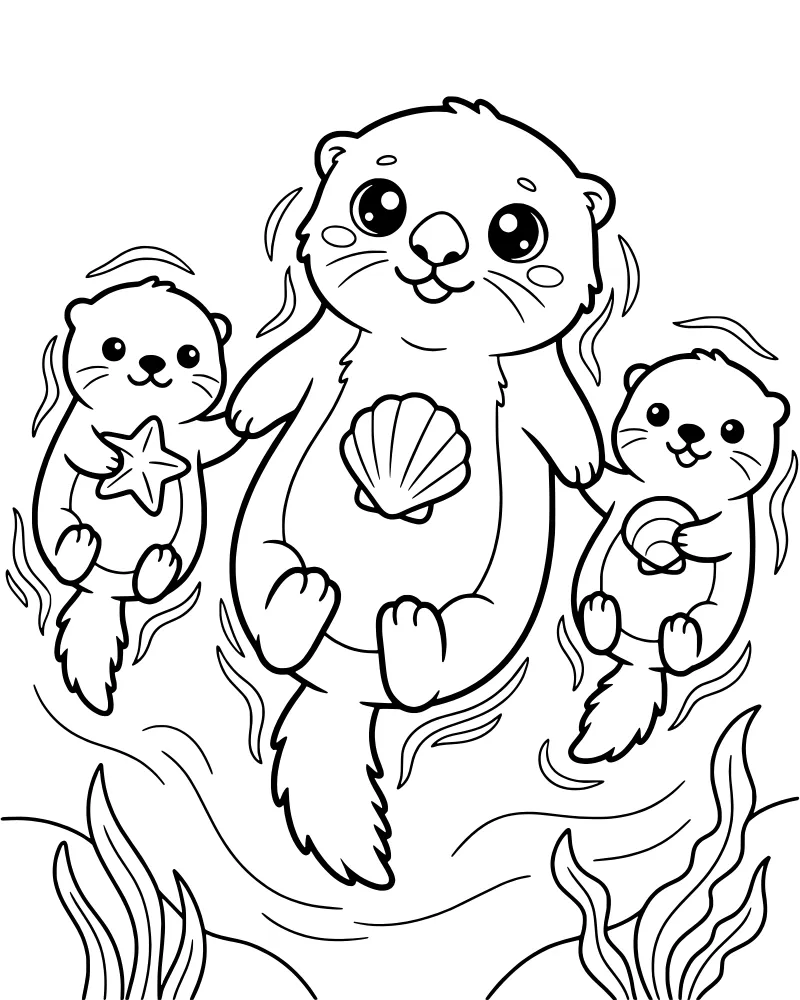 Three cartoon sea otters floating on their backs in the ocean, one holding a starfish and others holding shells.