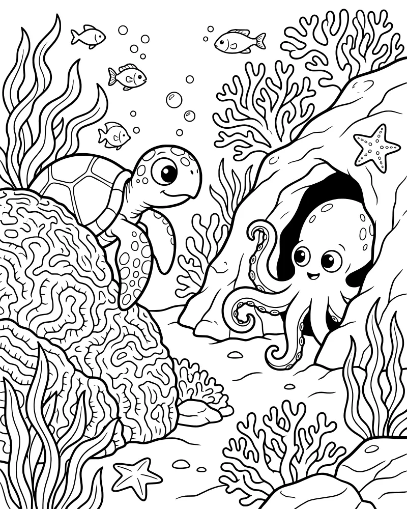 A cartoon sea turtle and octopus swimming in a coral reef with fish, starfish, and seaweed.