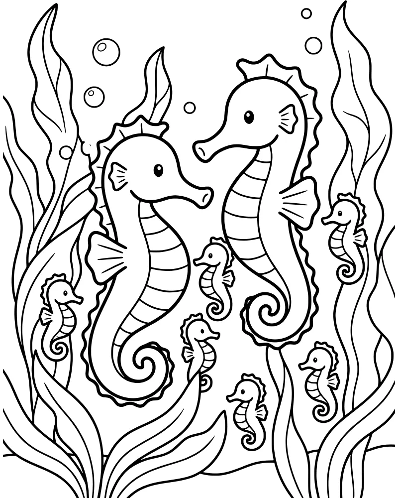 Two large adult seahorses and five small baby seahorses swimming among tall seaweed and floating bubbles in a cartoon style.