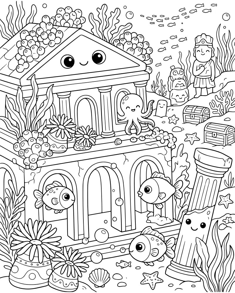 Cartoon underwater temple with a smiling face, an octopus on top, treasure chests, and coral.