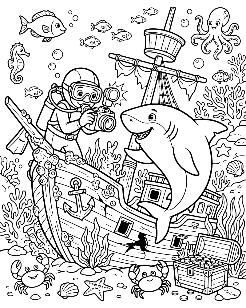 A cartoon diver takes a photo of a smiling shark near a sunken shipwreck and a treasure chest filled with gold coins.