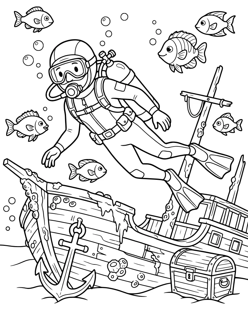 A cartoon scuba diver swimming near a sunken shipwreck with an anchor, treasure chest, and tropical fish among coral.