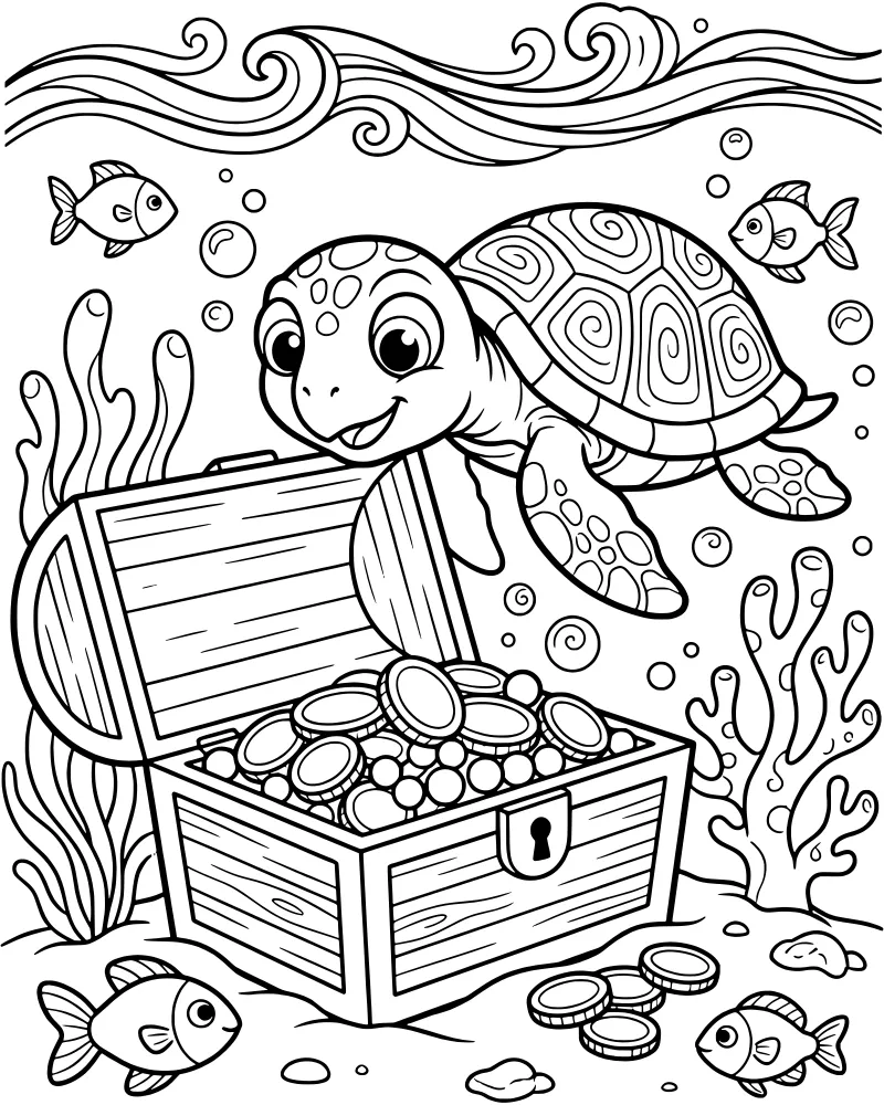 A cartoon sea turtle swims above an open treasure chest filled with gold coins on the sandy ocean floor surrounded by fish, coral, and seaweed.