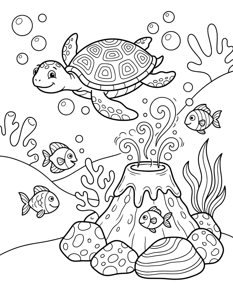 A cartoon sea turtle swims over a small erupting underwater volcano surrounded by fish, coral, seaweed, and rocks.