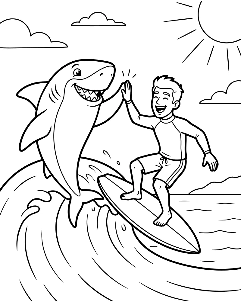 A smiling cartoon shark and a surfer high-five while riding a large surfboard on a cresting ocean wave under a bright sun and clouds.