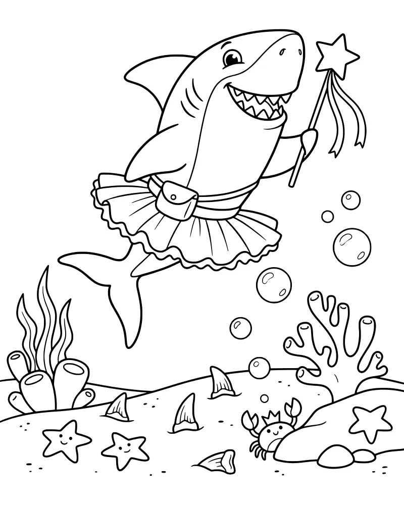A cartoon shark wearing a tutu and holding a fairy wand swims underwater near a crab, starfish, and coral.