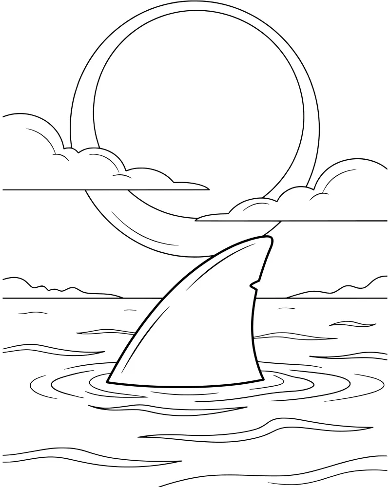 A shark fin poking out of ocean waves under a crescent moon and clouds.
