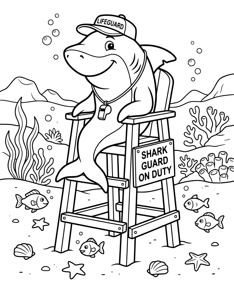 A cartoon shark wearing a lifeguard hat and whistle sitting on a lifeguard chair underwater with starfish and coral.