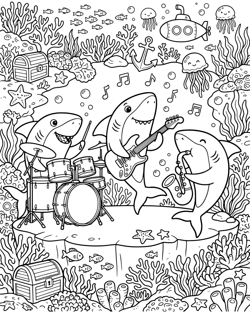 A cartoon shark band playing drums, guitar, and saxophone underwater surrounded by treasure, a submarine, and various sea creatures.