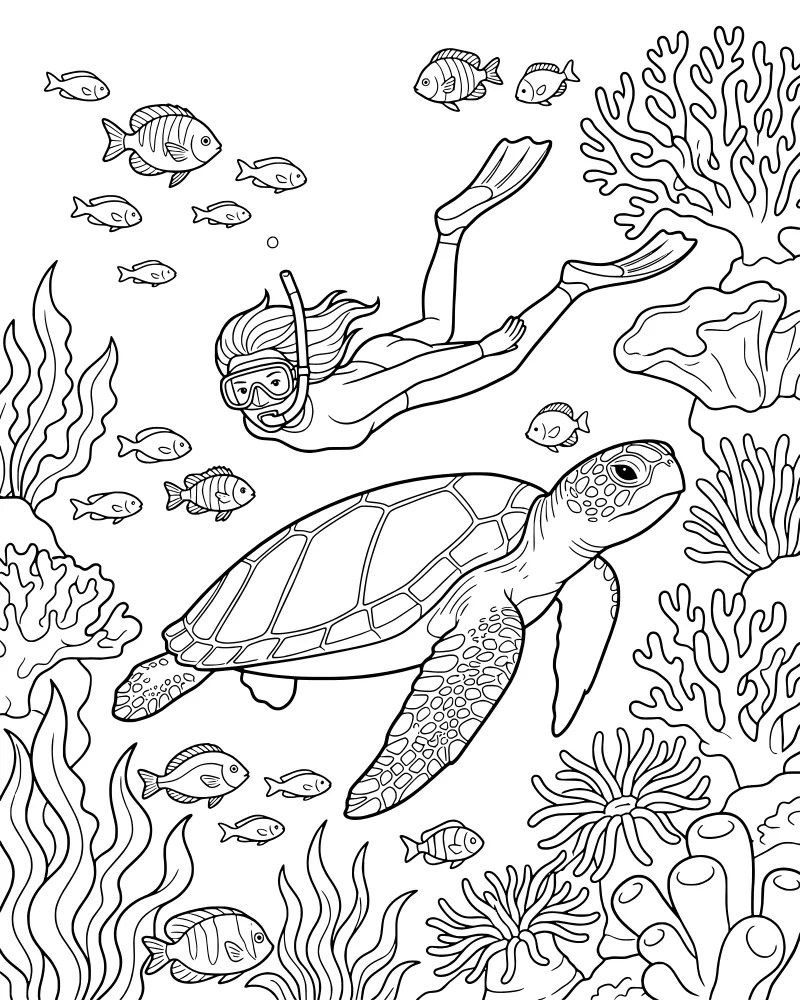 A cartoon snorkeler swimming next to a large sea turtle near a coral reef with fish and bubbles.