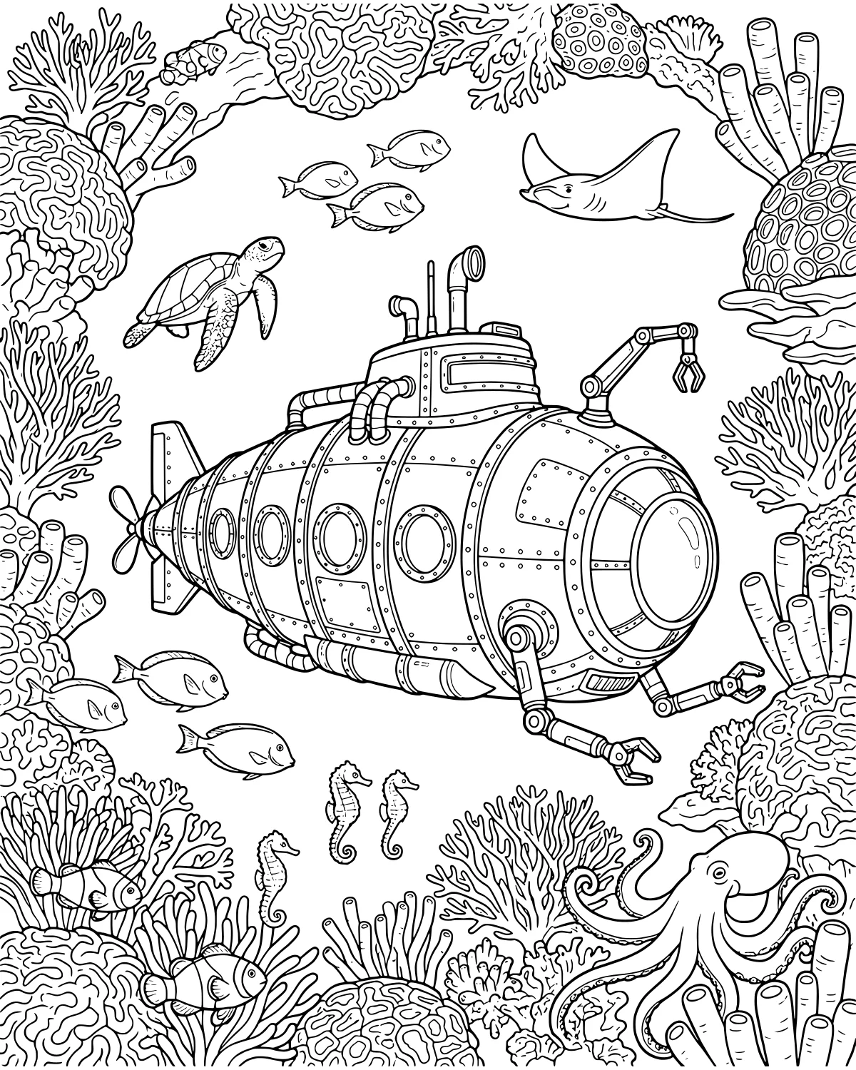 Submarine Exploring Vibrant Coral Reef coloring page