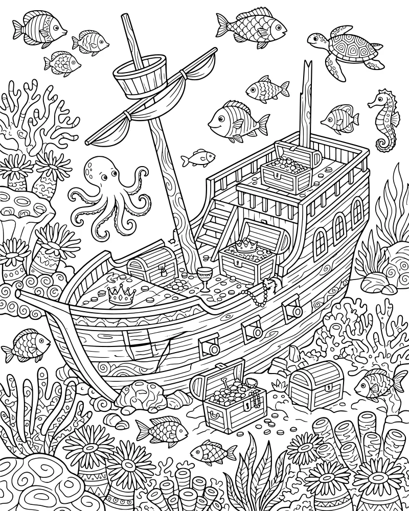 A cartoon-style sunken pirate ship underwater with treasure chests, an octopus, a sea turtle, and coral.