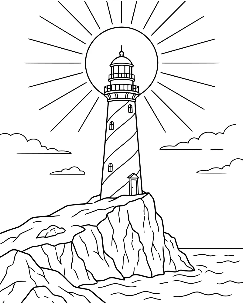 A cartoon lighthouse stands on a rocky cliff overlooking ocean waves under a bright sun with rays and clouds.