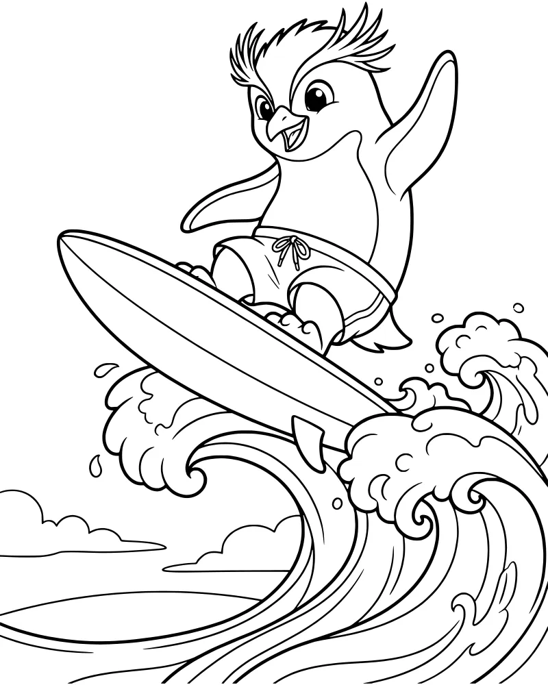A cartoon penguin wearing swim trunks surfing on a large ocean wave with water splashes and clouds in the sky.