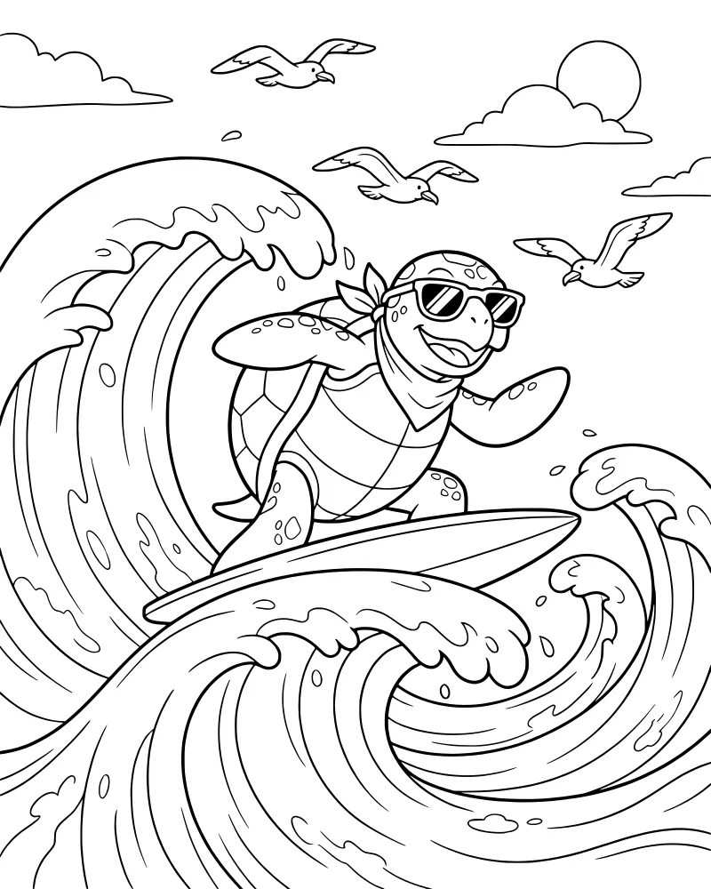 A cartoon sea turtle surfing on a surfboard on a big wave with the sun, clouds, and seagulls in the background.