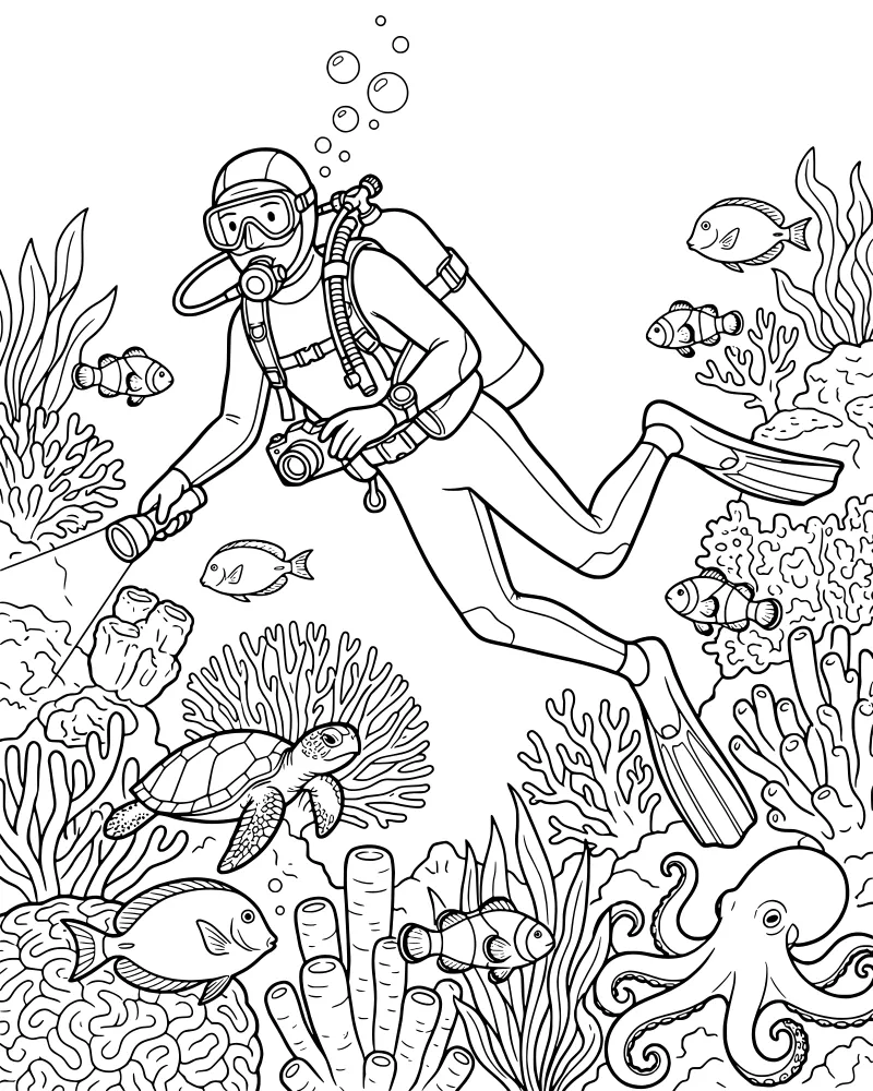 A cartoon scuba diver with a camera and flashlight swimming near a sea turtle, octopus, and colorful coral reef.