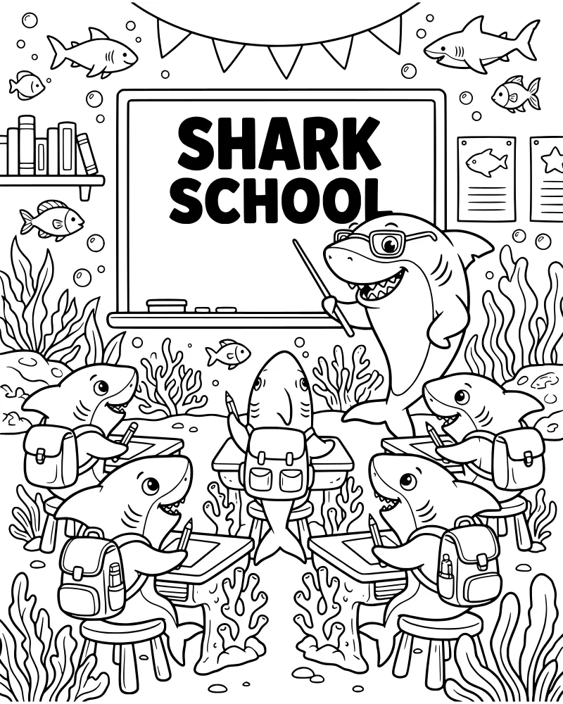 A cartoon teacher shark teaching student sharks at desks in an underwater classroom with a blackboard and school supplies.