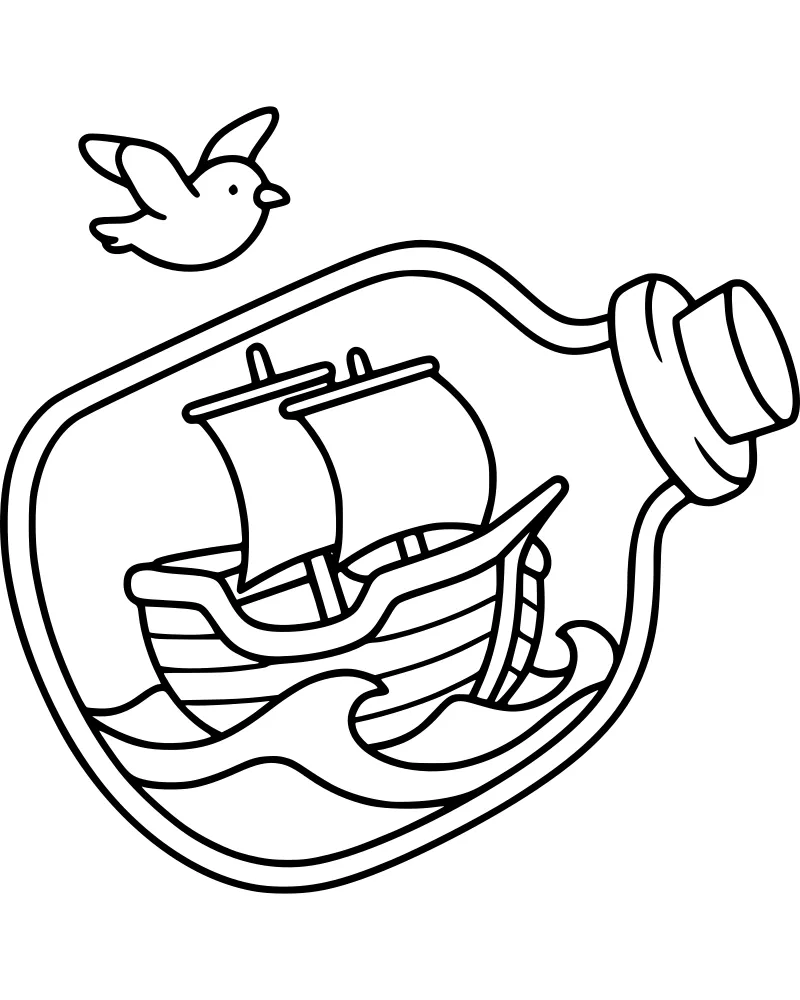 A cartoon sailboat floating on waves inside a glass bottle with a bird flying above.