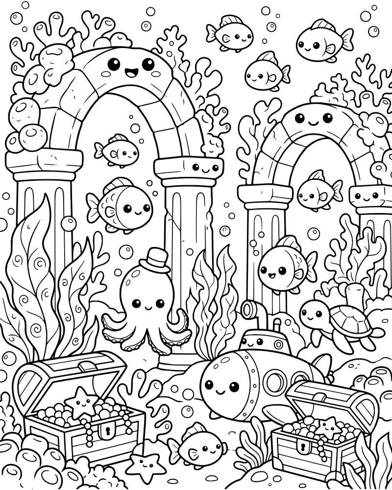 A cartoon underwater scene with ancient stone arches, an octopus in a top hat, a sea turtle, a submarine, and treasure chests.