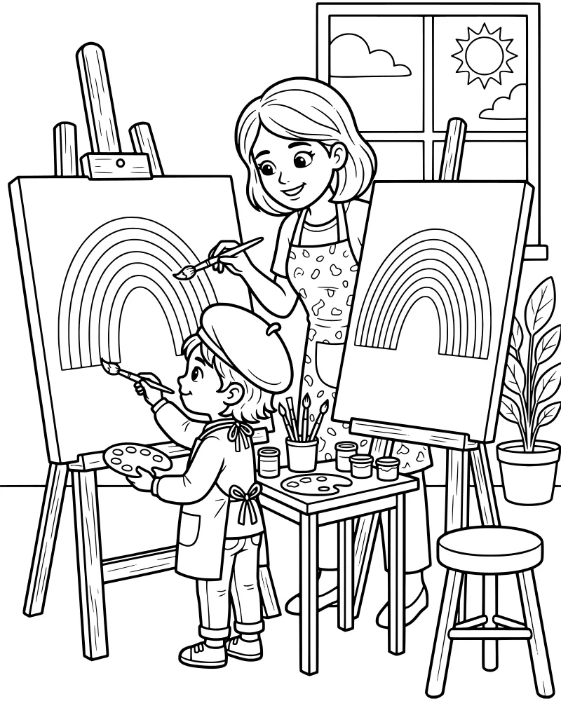 A cartoon woman and child wearing aprons and berets painting rainbows on easels in a bright art studio with a sunny window view.