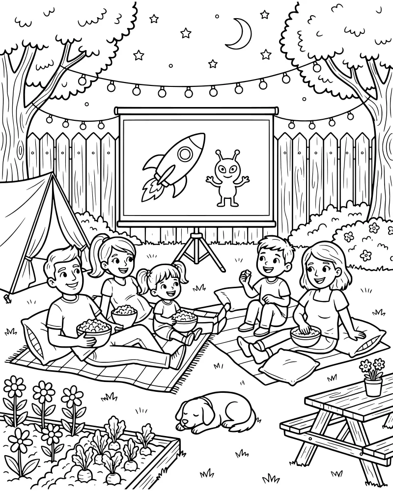A cartoon family watching a movie on a projector screen in their backyard at night with a tent, dog, and string lights.