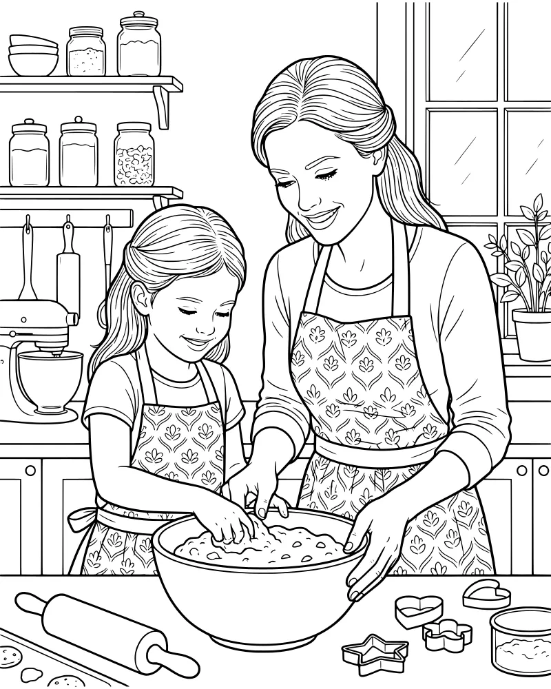 Cartoon mother and daughter standing at a kitchen counter mixing dough in a bowl with rolling pin and cookie cutters.