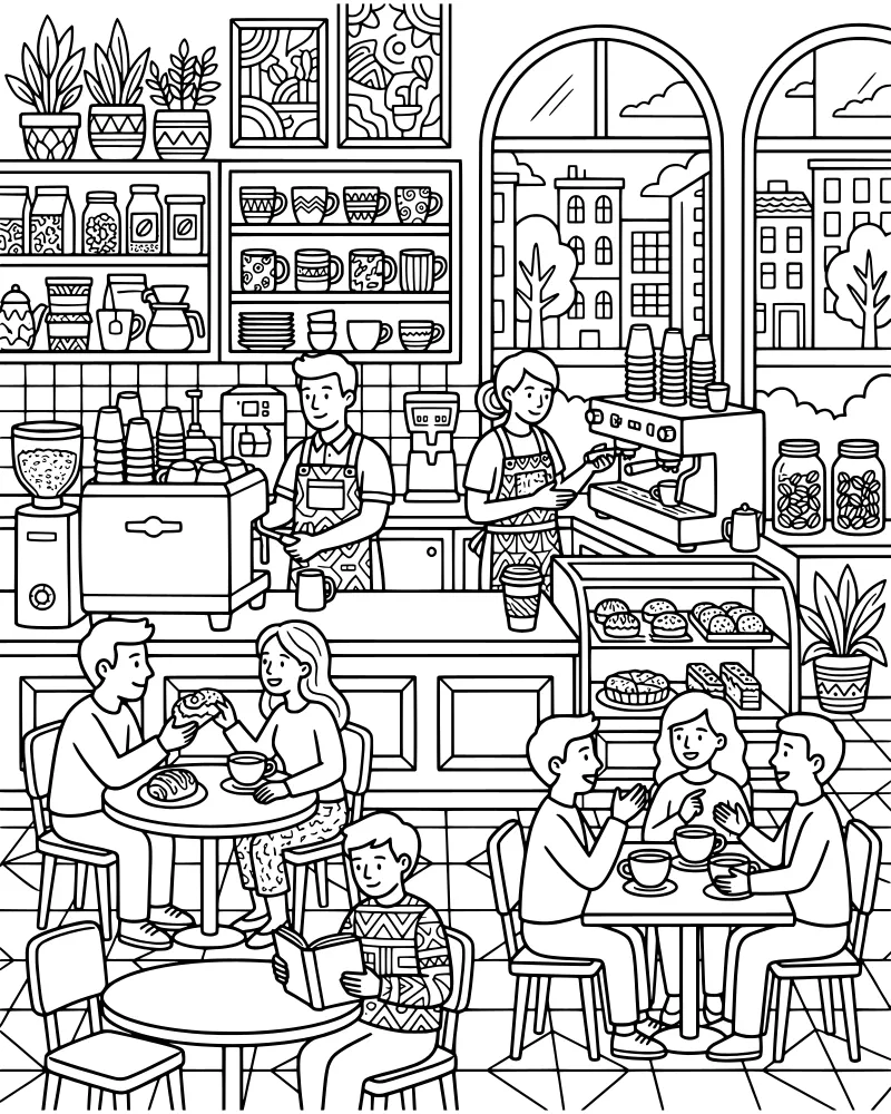 A cartoon coffee shop interior with baristas at an espresso machine, customers at tables with mugs, and a city view through a large window.