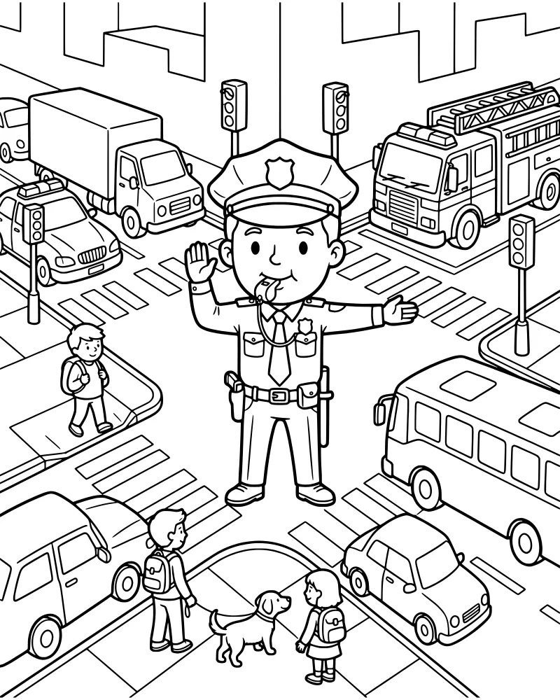 A cartoon police officer directing a fire truck, bus, and cars at a busy city intersection with pedestrians and buildings.
