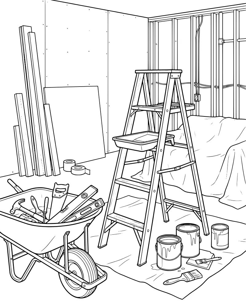 A cartoon room renovation scene with a stepladder, wheelbarrow full of tools, paint cans, and exposed wall studs.