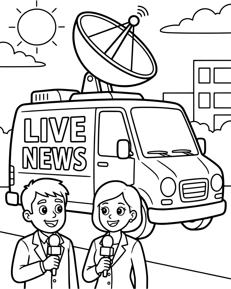A cartoon male and female reporter holding microphones in front of a news van with a satellite dish on a city street under a sunny sky.