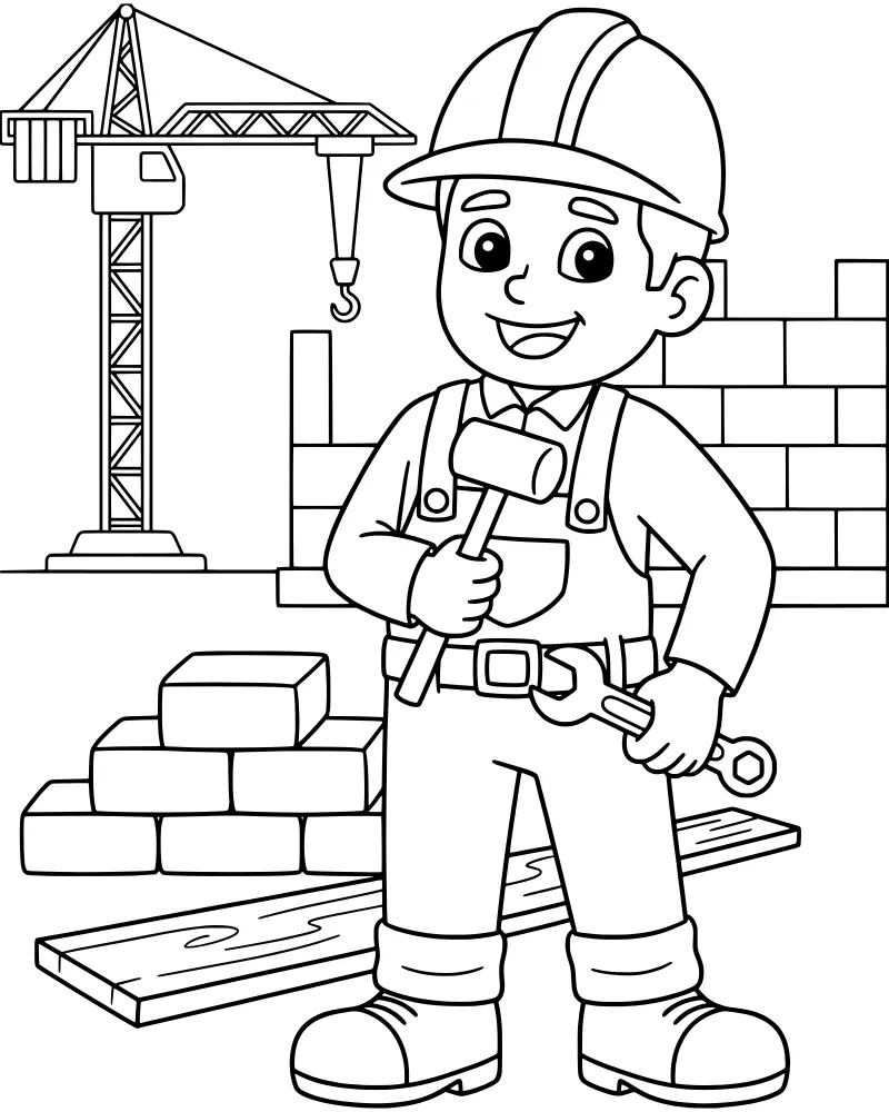 A cartoon construction worker holding a hammer and wrench at a building site with a crane and brick wall.