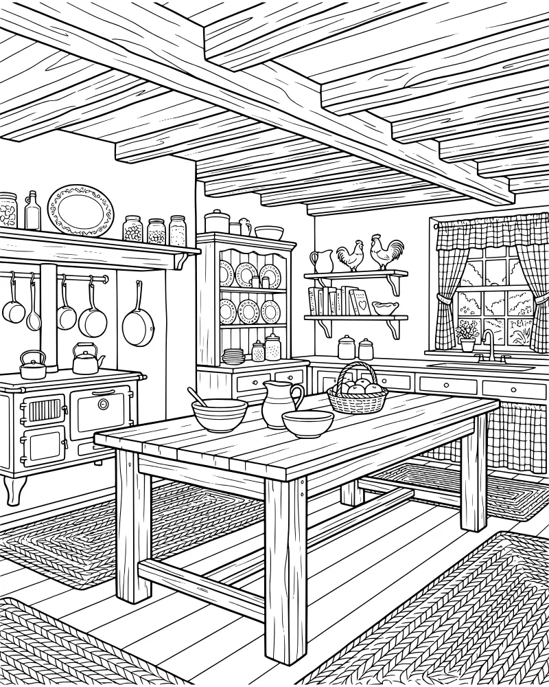 A cartoon-style rustic kitchen with a wooden table, fruit basket, old-fashioned stove, and shelves filled with dishes.