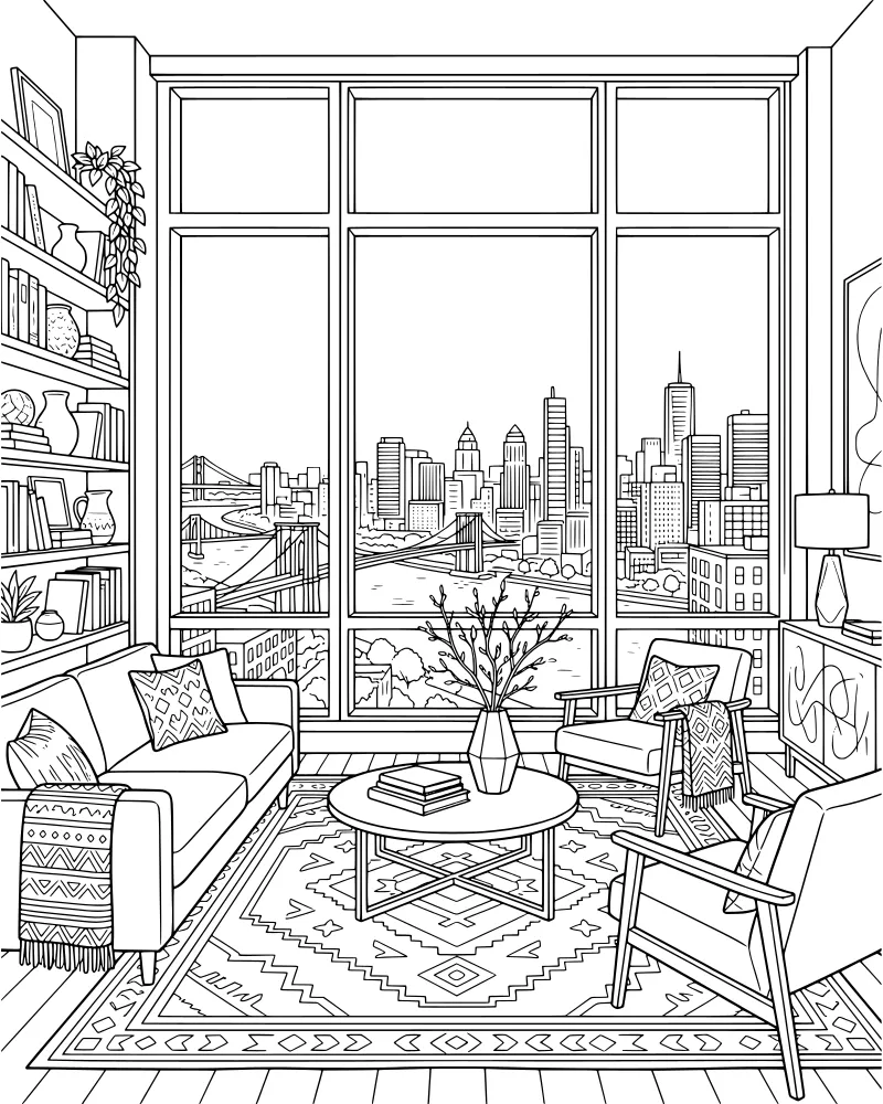 A detailed line art drawing of a cozy living room with a sofa, bookshelf, and a large window looking out at a city skyline with bridges and a river.