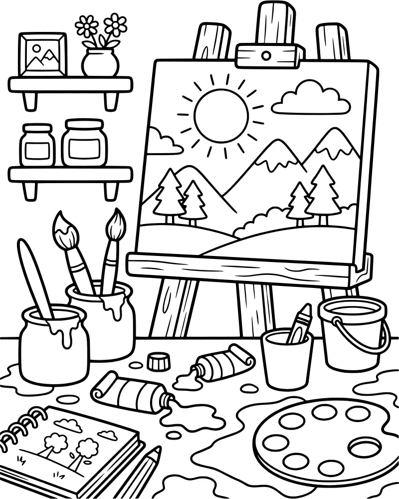 A cartoon artist studio with an easel holding a mountain landscape painting, surrounded by paintbrushes, palettes, and jars of flowers.