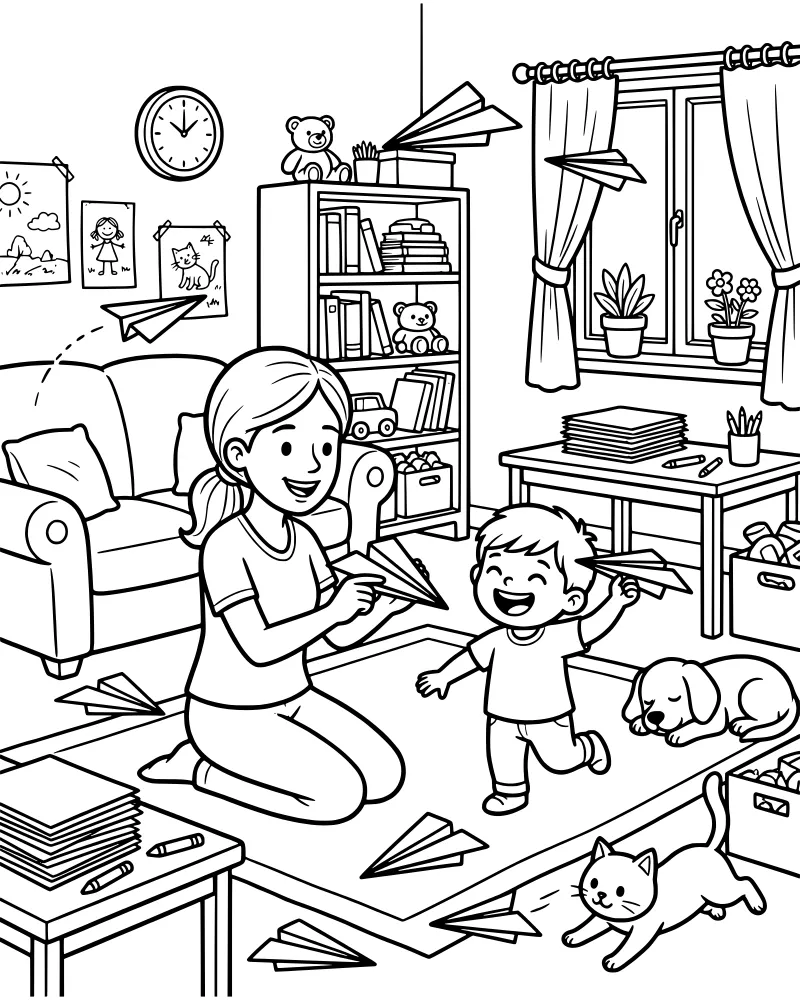 Cartoon mother and child throwing paper airplanes in a living room with a dog, cat, bookshelf, and window.