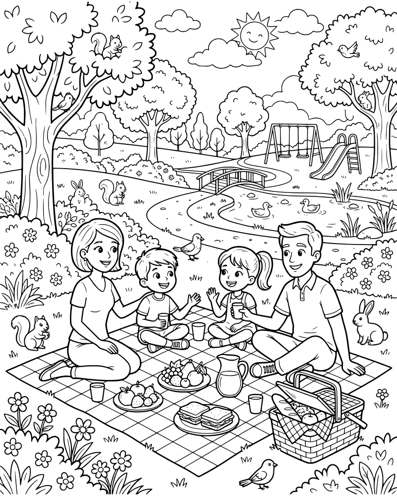 A cartoon family having a picnic on a blanket in a park with a playground, duck pond, and forest animals.