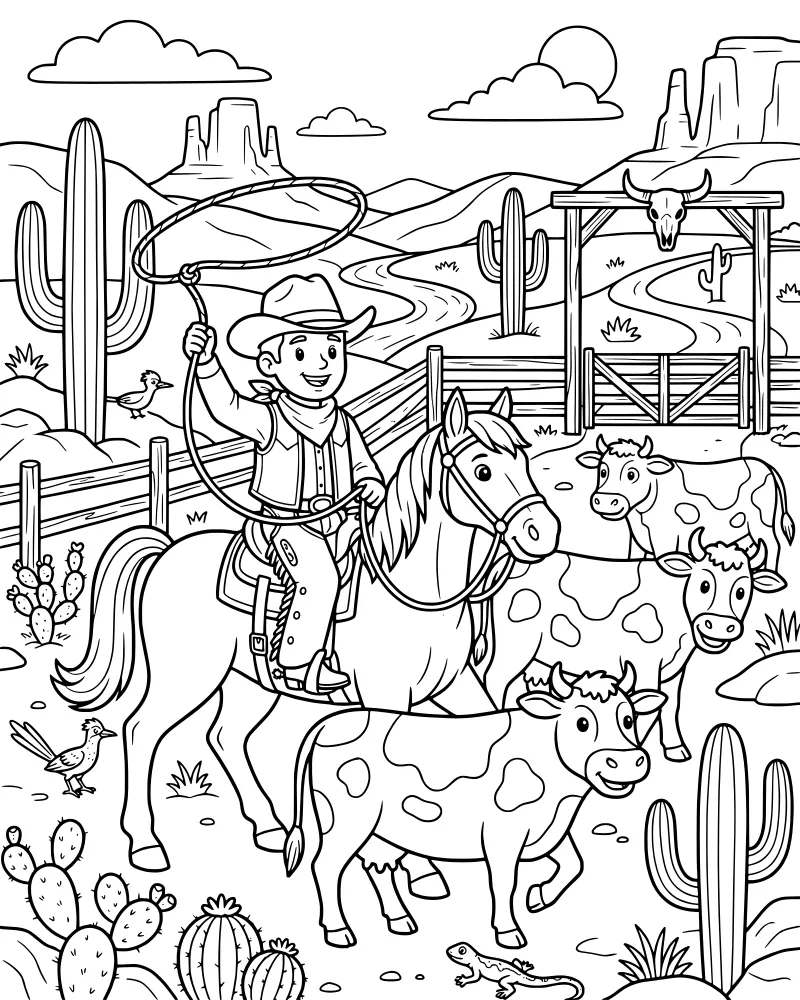 A cartoon cowboy on a horse holding a lasso in a desert with cacti, cows, a wooden gate with a bull skull, and mountains.