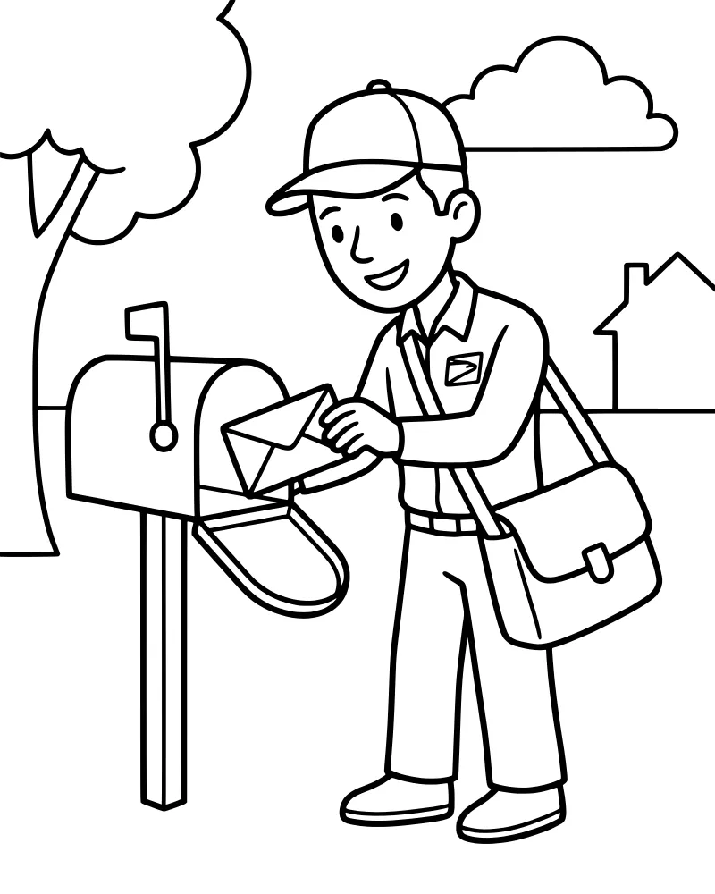 A cartoon postman in a uniform and cap putting an envelope into a mailbox outside a house with a tree and clouds.