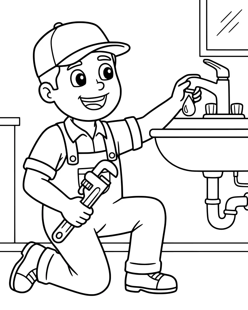 A cartoon plumber in a baseball cap and overalls using a wrench to fix a leaky faucet on a bathroom sink.