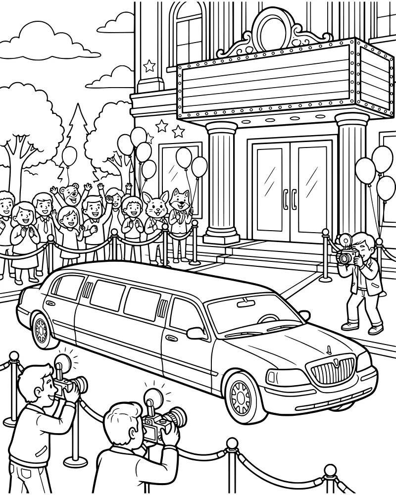 A cartoon movie theater premiere with a long limousine, red carpet, animal characters, and photographers with flashing cameras.
