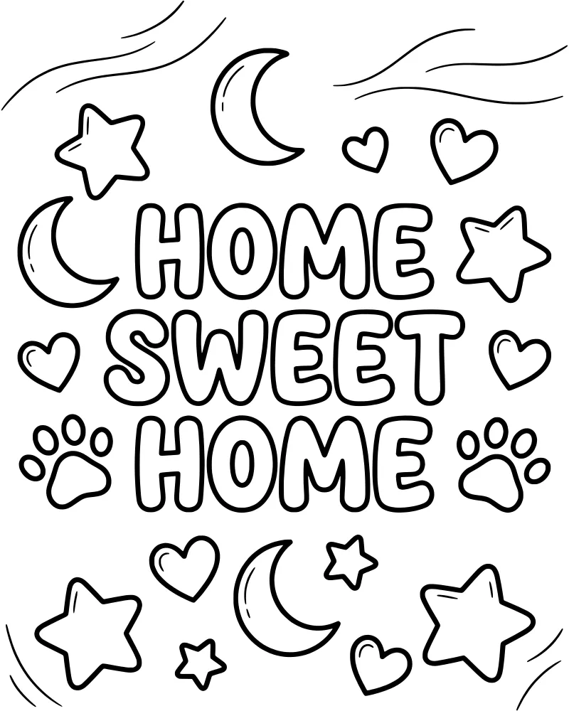 A whimsical collection of stars, hearts, and paw prints surrounding the words Home Sweet Home in a cartoon style.