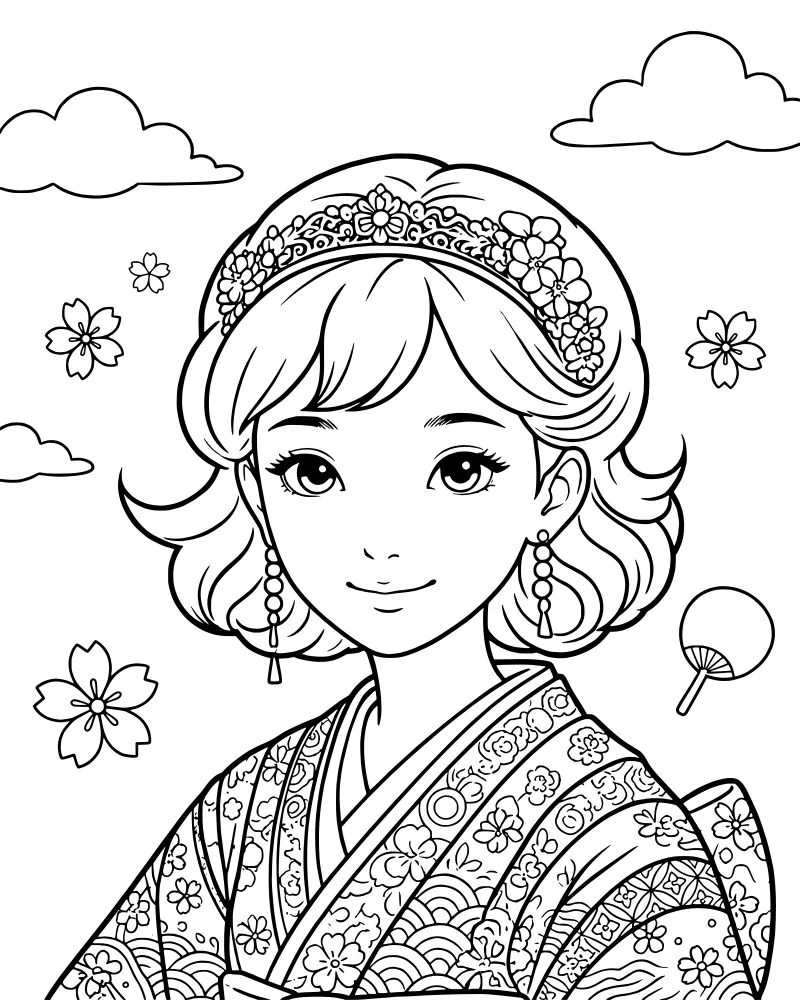A young woman wearing a detailed kimono and a flower crown, holding a traditional fan surrounded by cherry blossoms and clouds.