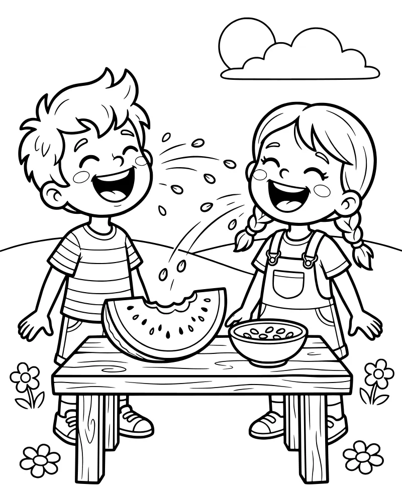 A cartoon boy and girl laughing at a picnic table with a watermelon slice and seeds flying through the air under a bright sun.